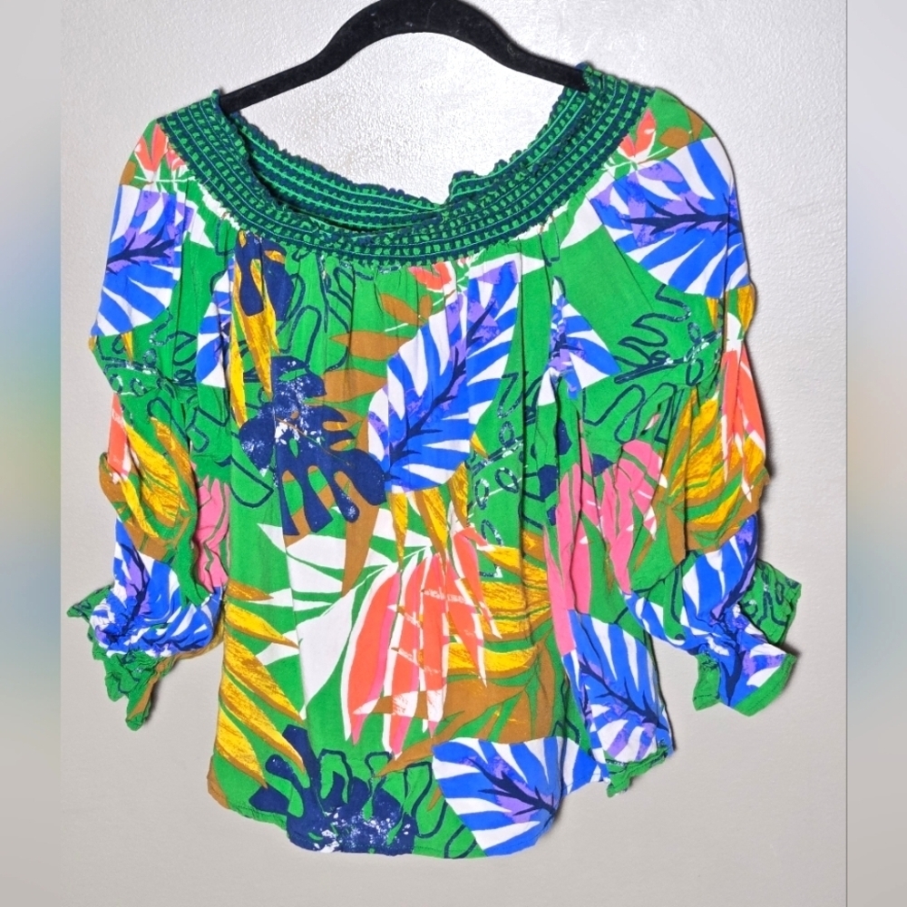 Jealous Tomato Off The Shoulder Tropical Boho Peasant Top, Medium